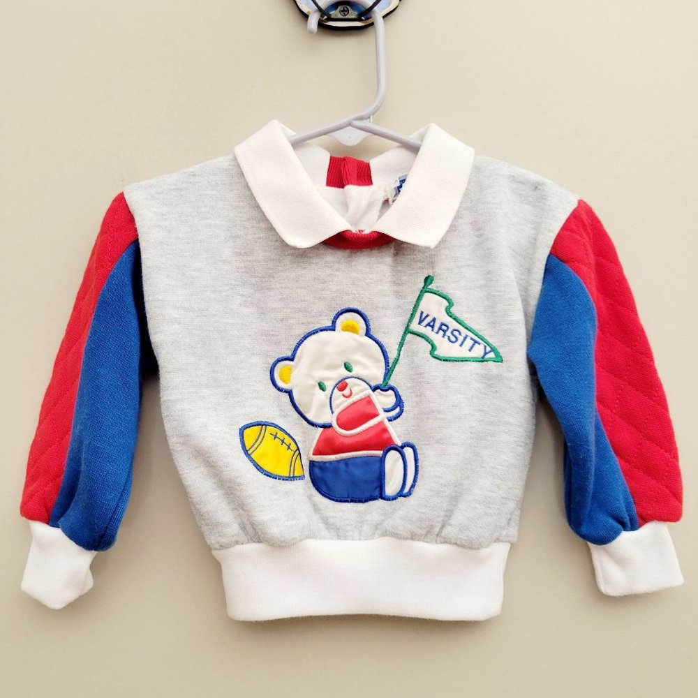 Vintage 80s Doe-Spun Kids Varsity Football Bear Sweatshirt With Collar Size 12 M